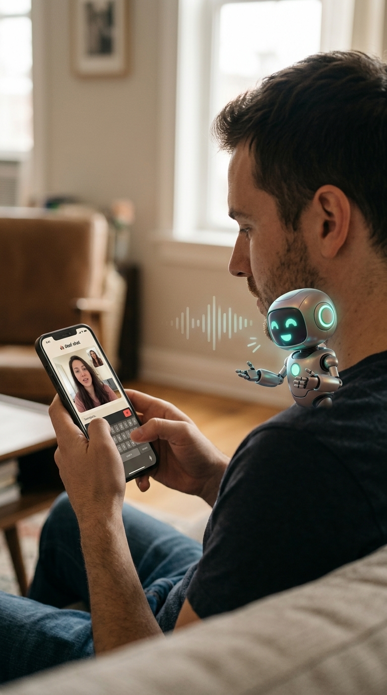 A person sits on a couch holding a phone with a Deaf Chat video call open, typing a reply. A small friendly robot with a glowing smile perches on their shoulder, a sound wave radiating from it as it speaks their words aloud.